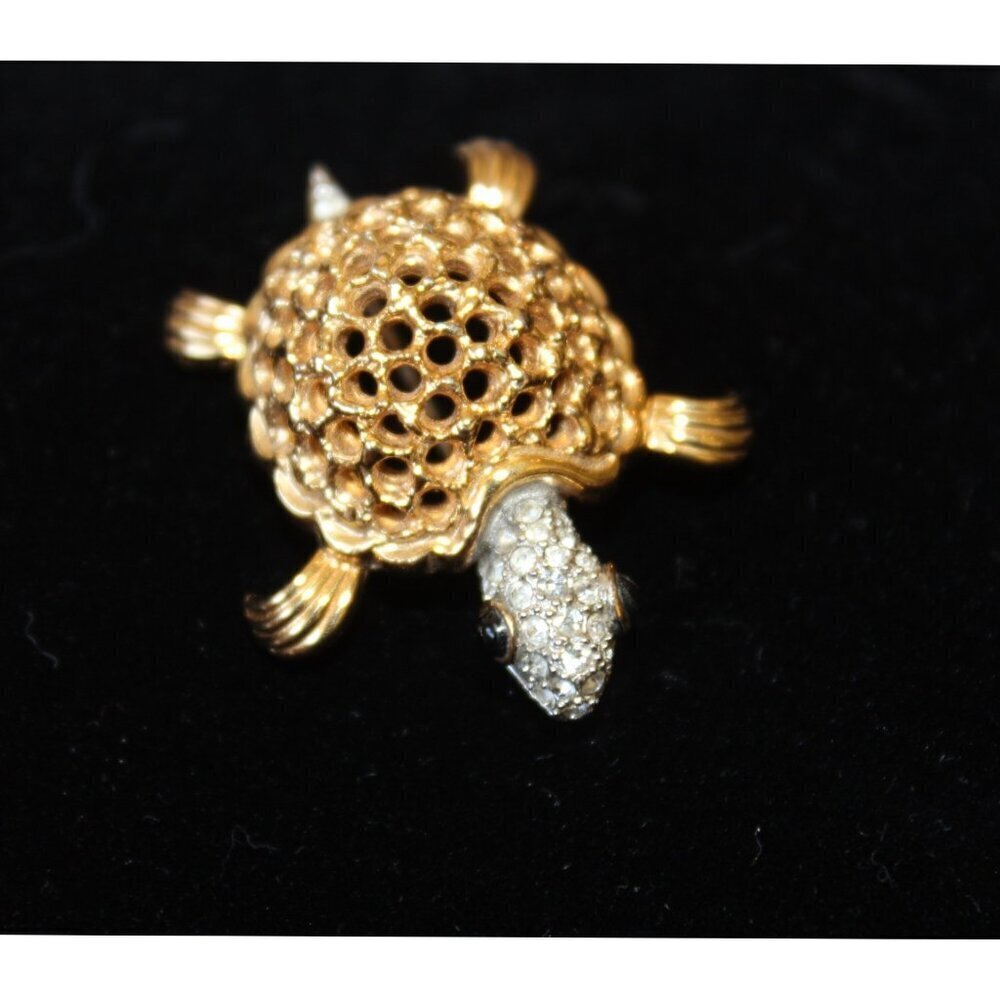 Vintage Turtle Brooch Rhinestone & Black Stone Signed Jomaz 9.8g Handmade unique - Picture 10 of 10